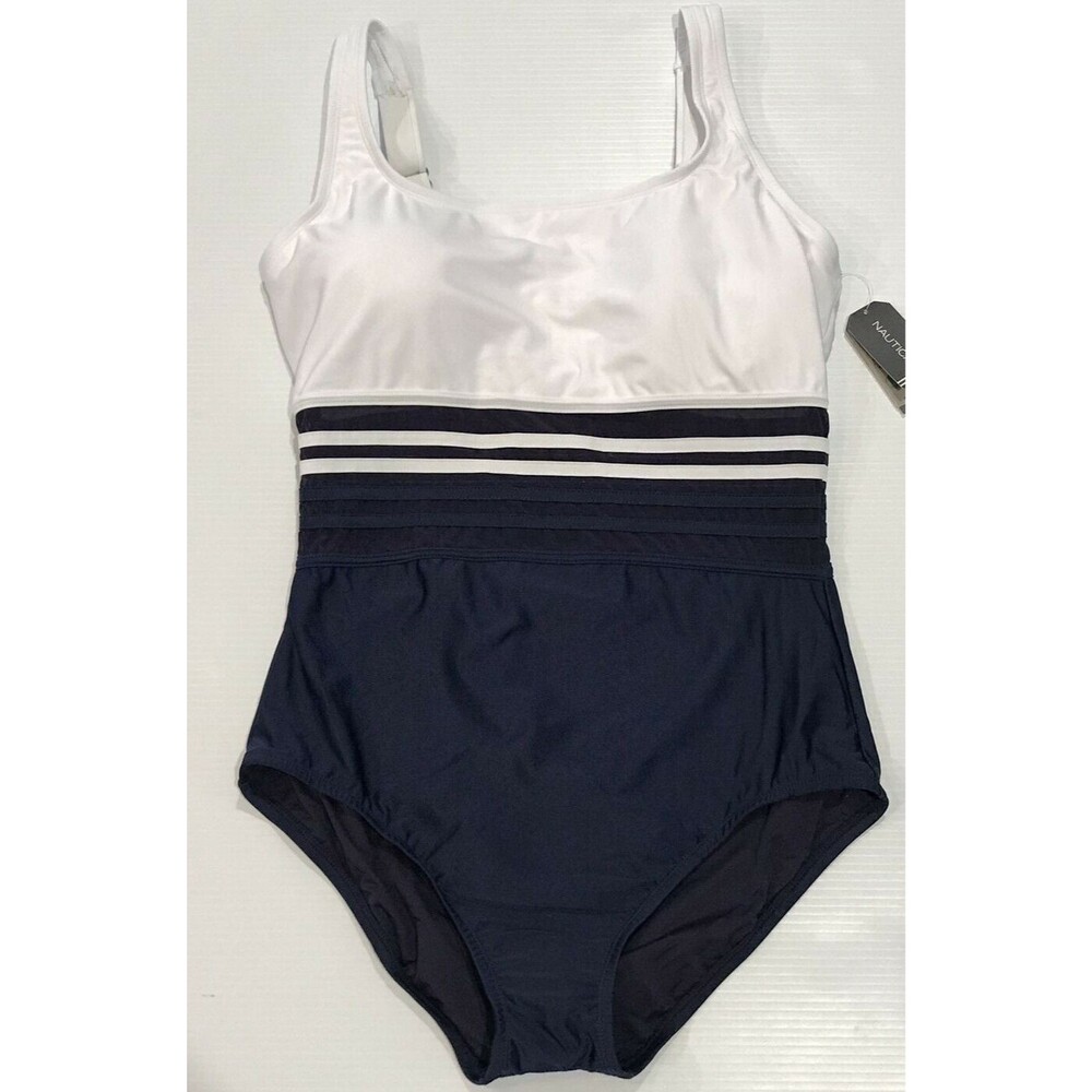 Nautica Plus Size Slimming One Piece Swimsuit Navy & White Mesh Inlay 18